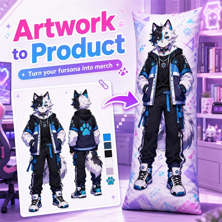 Personalized furry dakimakura cover featuring a blue wolf fursona and artwork reference