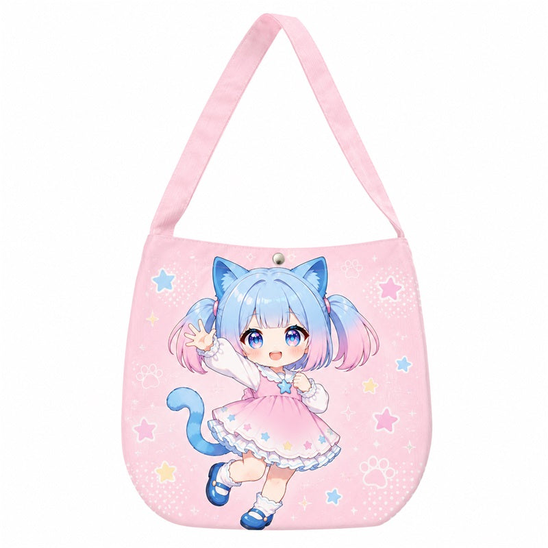 Custom pink printed anime hobo shoulder tote with waving chibi character design