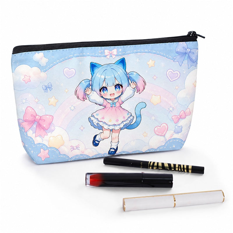 Printed zipper makeup bag with anime cat girl and pastel rainbow artwork