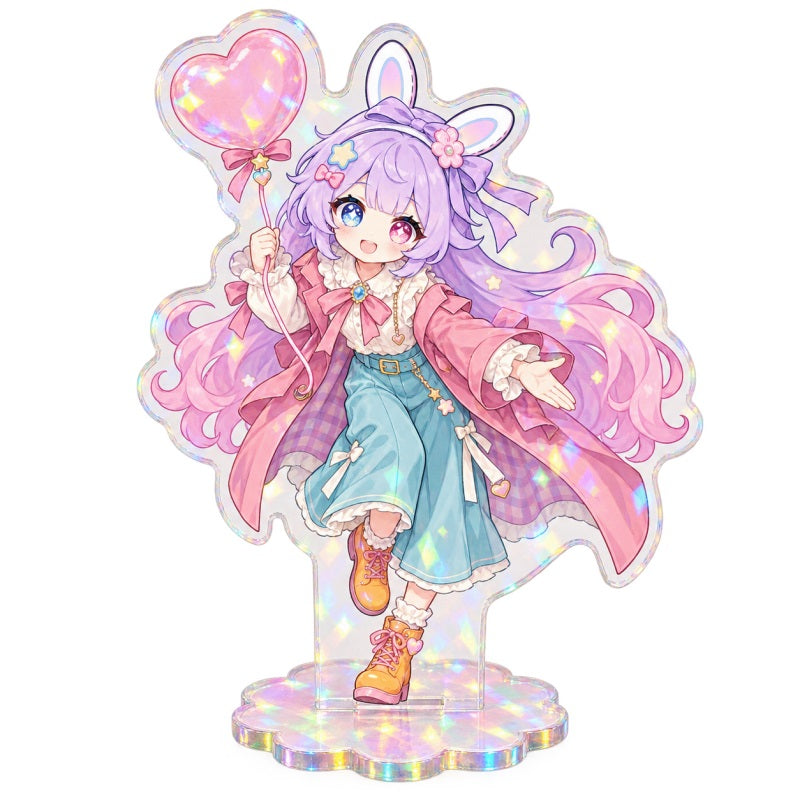Holographic acrylic standee for artist alley merchandise with pastel character artwork
