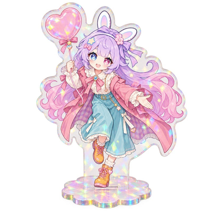 Holographic acrylic standee for artist alley merchandise with pastel character artwork