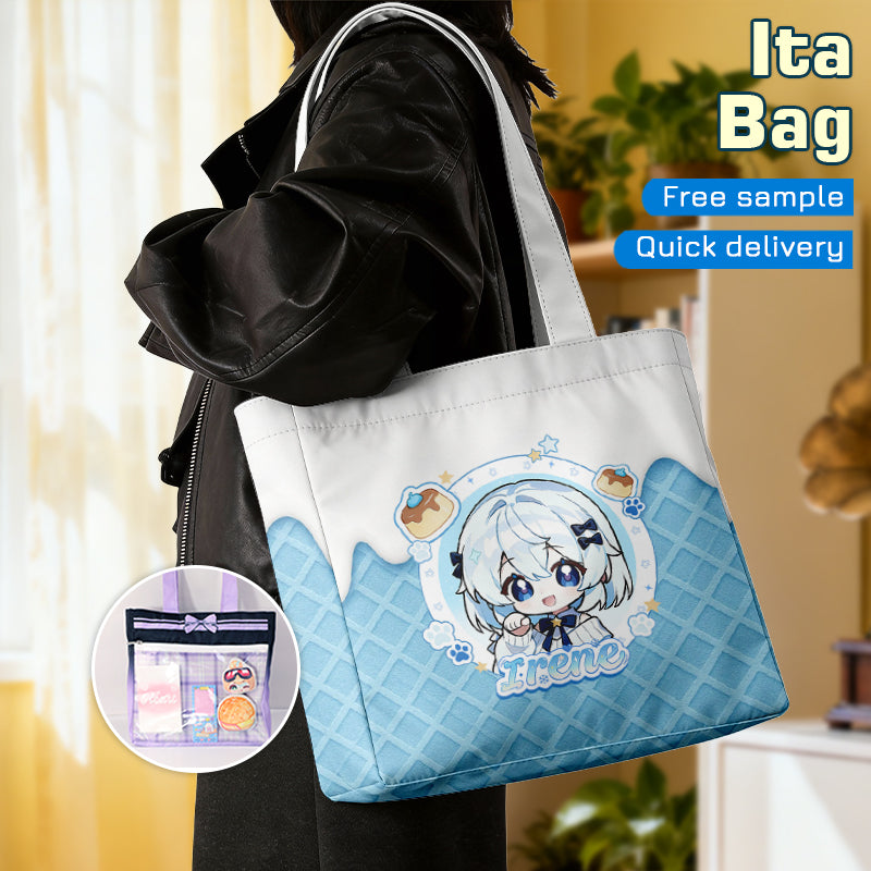 A promotional display image showcasing a cute blue anime character printed on a slime-themed custom ita bag.