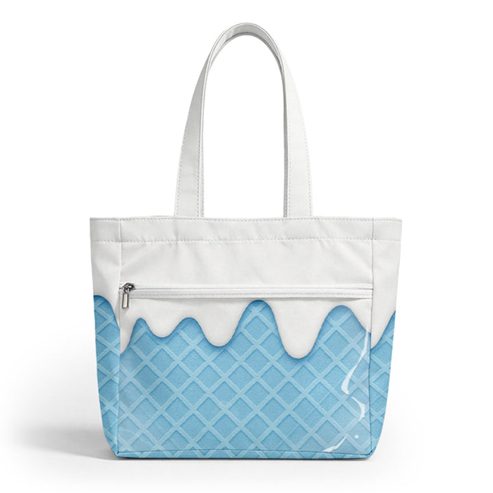 A standalone product display of a light blue waffle textured slime-shaped anime tote bag with a white dripping pattern.