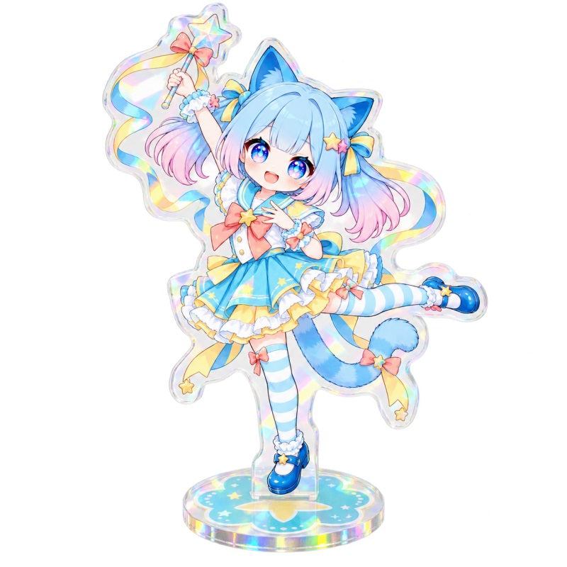Custom chibi holographic acrylic standee with cat character artwork and round base