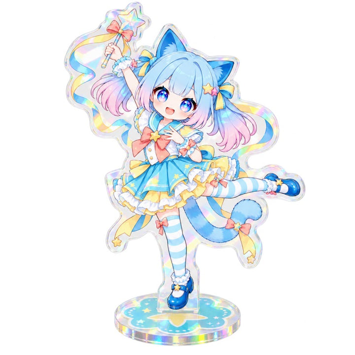 Custom chibi holographic acrylic standee with cat character artwork and round base