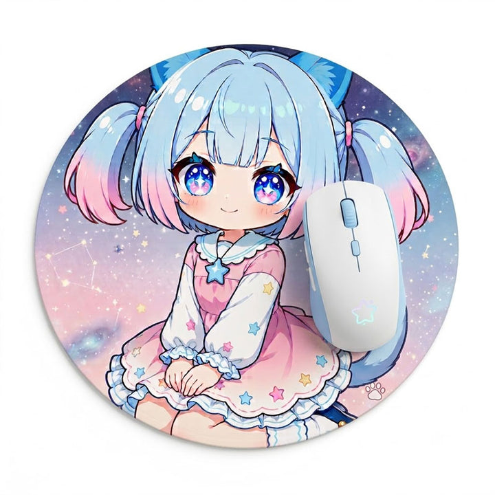A round custom printed circular anime mouse mat displaying a high-definition illustration of a smiling blue-haired chibi girl under a pastel pink and blue galaxy.