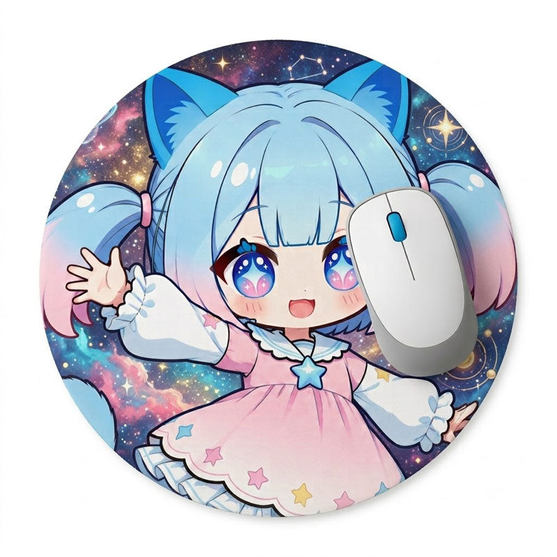 A premium round anime mousepad featuring a cute cat girl with bright eyes waving her hand against a deep cosmic starry night sky background with a white mouse.