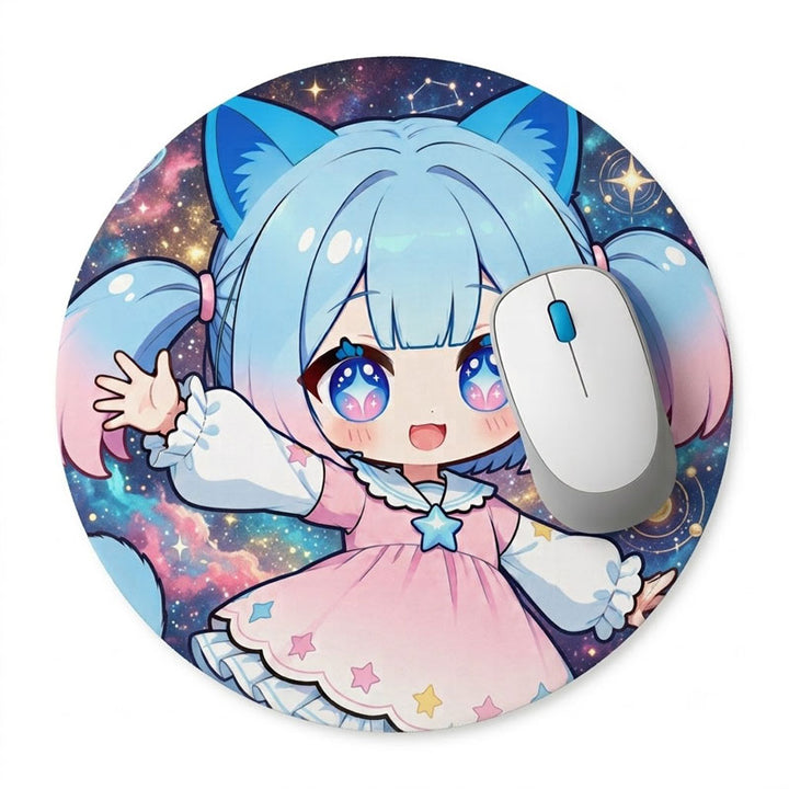 A premium round anime mousepad featuring a cute cat girl with bright eyes waving her hand against a deep cosmic starry night sky background with a white mouse.