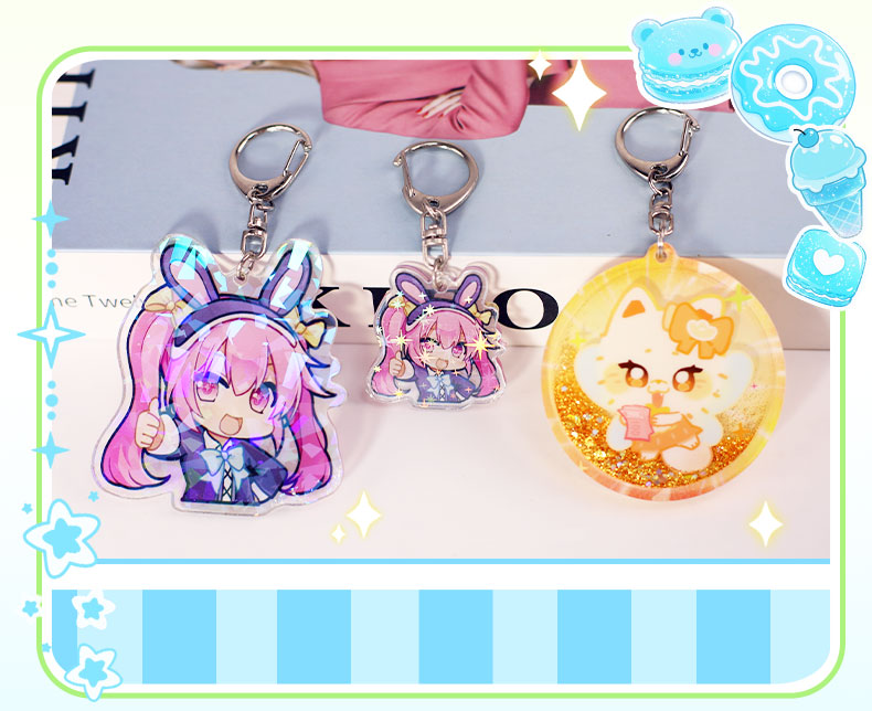 Custom acrylic keychain sample set with different shapes and character designs
