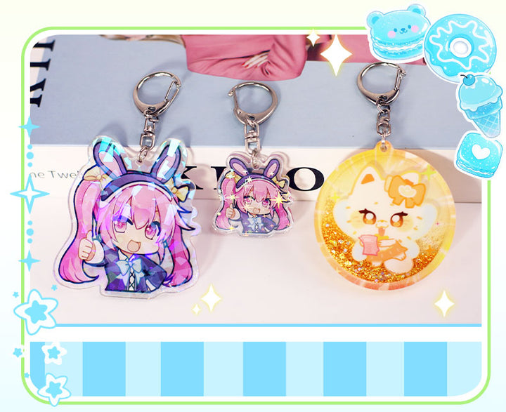 Custom acrylic keychain sample set with different shapes and character designs
