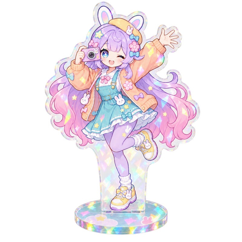 Custom acrylic merchandise standee with holographic finish and pastel character design
