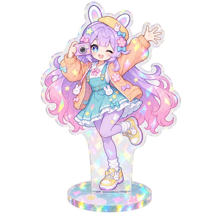 Custom acrylic merchandise standee with holographic finish and pastel character design