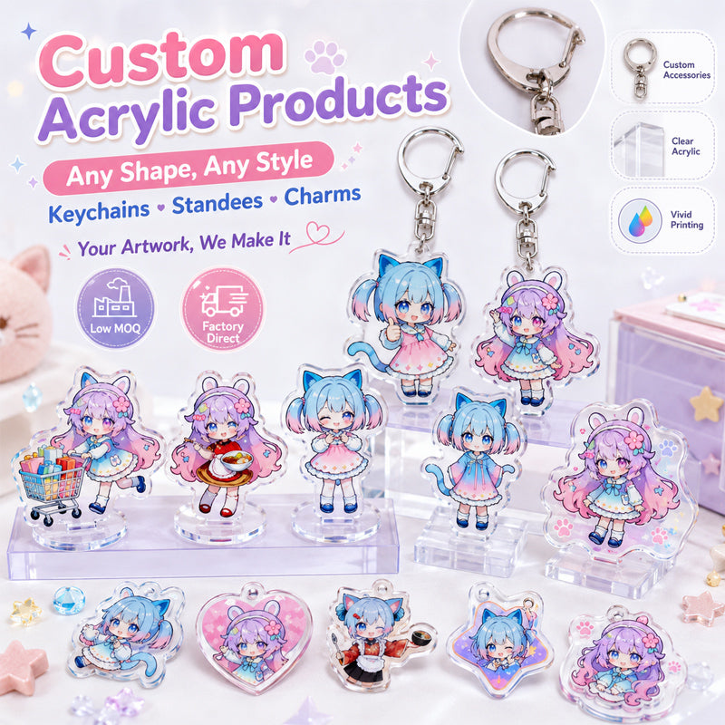 Custom acrylic products mobile banner with keychains and anime charms
