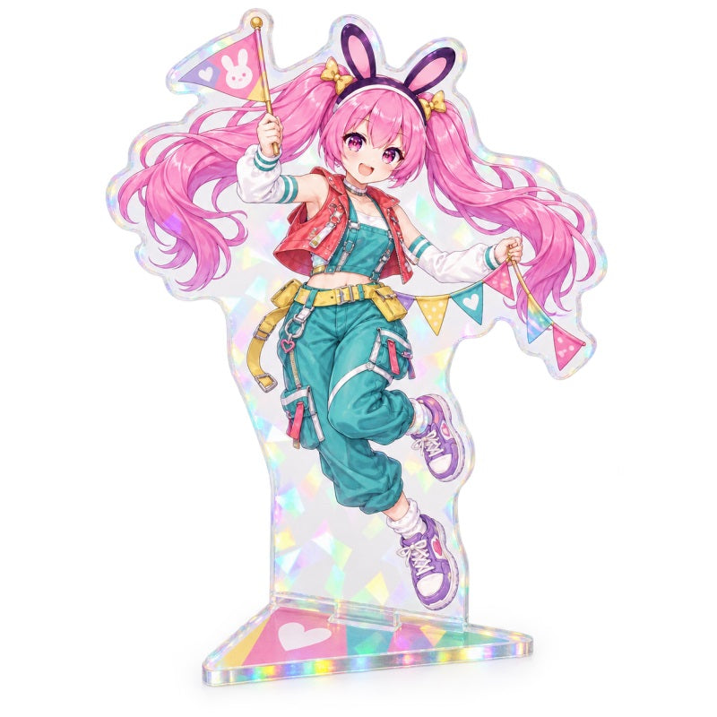 Custom anime acrylic figure stand with holographic finish and full-body character design