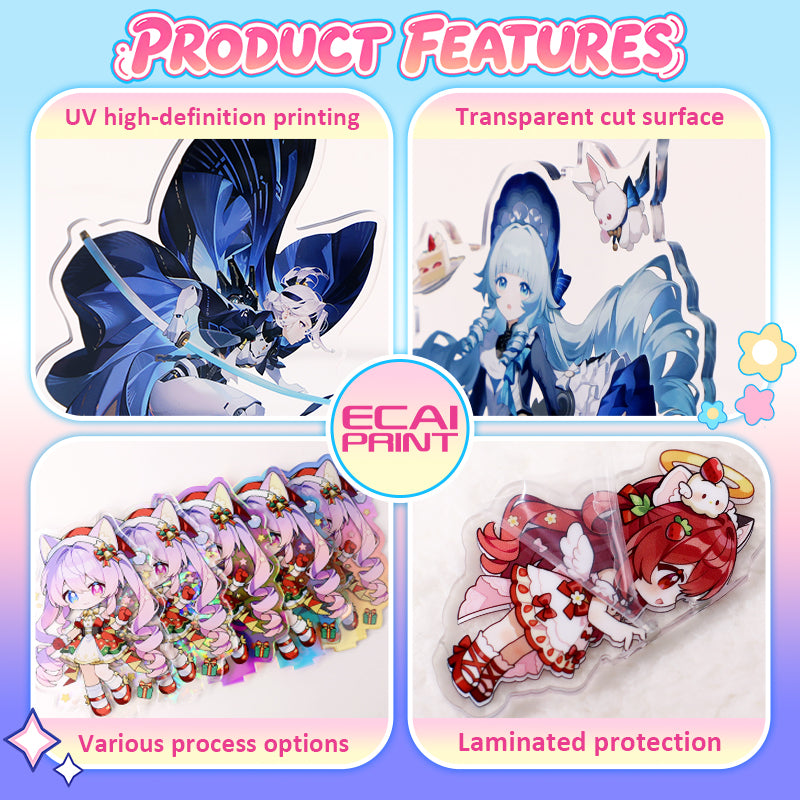 Custom anime acrylic keychains with vibrant colors and clear double-sided printing
