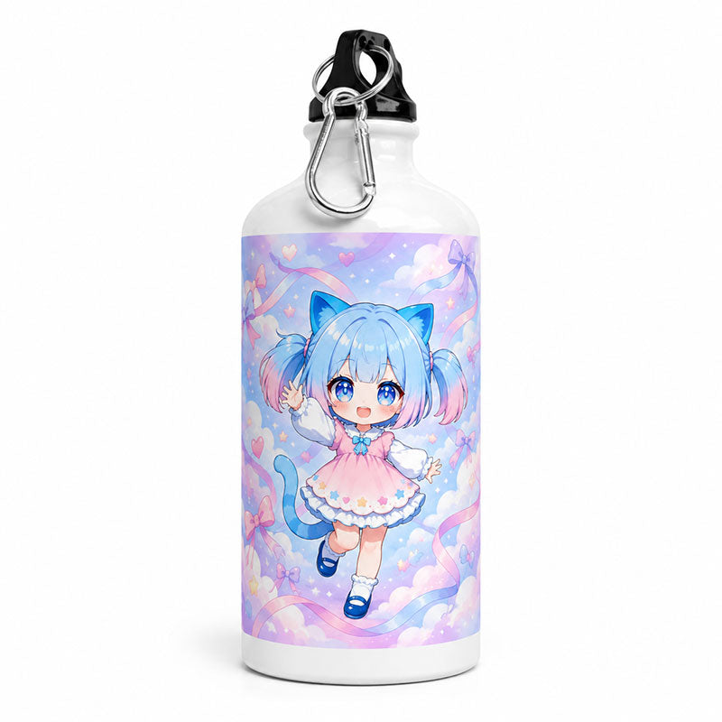 A standalone product display of a white custom anime aluminum bottle with a carabiner keychain featuring a cute character on a festive lavender ribbon background.