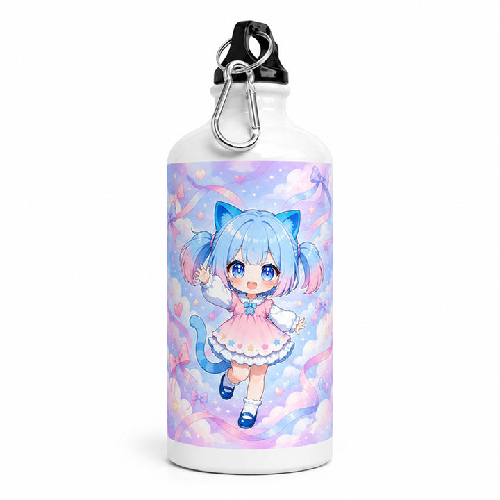 A standalone product display of a white custom anime aluminum bottle with a carabiner keychain featuring a cute character on a festive lavender ribbon background.