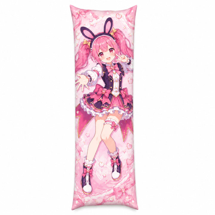 A high-definition custom printed anime body pillowcase featuring a vibrant pink bunny-eared idol girl character on a white background.