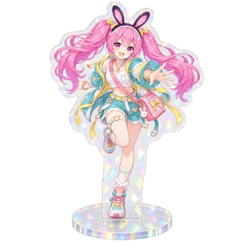 Custom anime character acrylic stand with rainbow holographic base