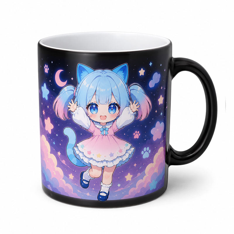 A custom printed anime color changing magic mug with a black handle showing a cute blue-haired cat girl design on a solid white background.