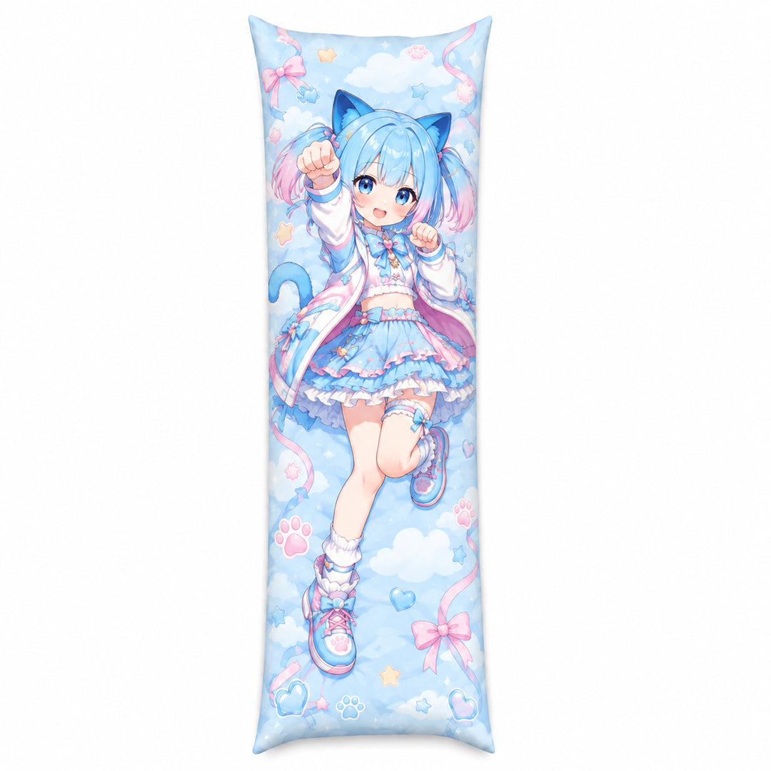 A premium custom printed anime dakimakura body pillow featuring a cute blue-haired cat girl character on a clean white background.