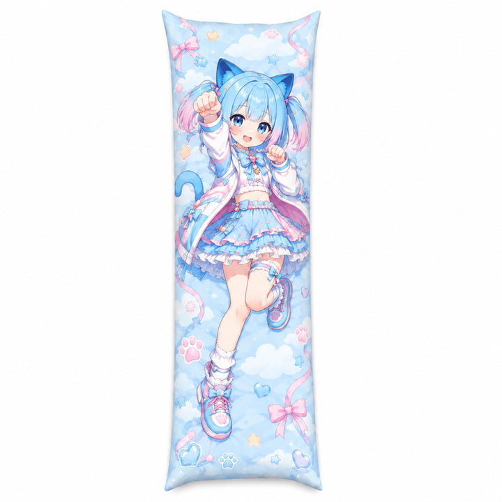 A premium custom printed anime dakimakura body pillow featuring a cute blue-haired cat girl character on a clean white background.