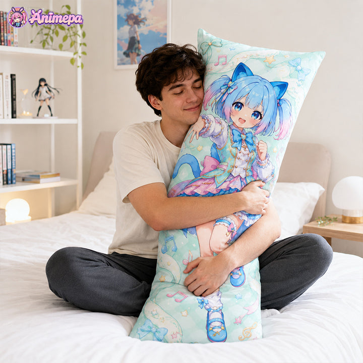 A young man sitting on a bed and comfortably hugging a custom printed blue anime girl long body pillow.