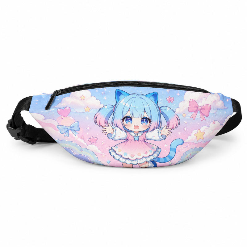 A premium custom printed anime fanny pack with a black zipper and adjustable waist strap showing a front view of a cute blue-haired cat girl character on a solid white background.