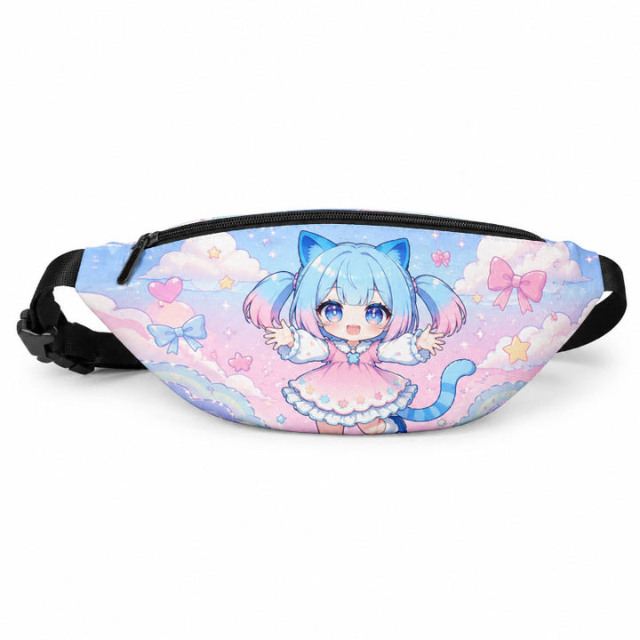A premium custom printed anime fanny pack with a black zipper and adjustable waist strap showing a front view of a cute blue-haired cat girl character on a solid white background.
