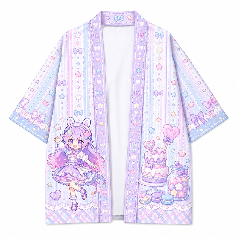 A pastel purple and lavender custom anime haori jacket featuring a cute magical girl and sweets illustration on a solid white background.