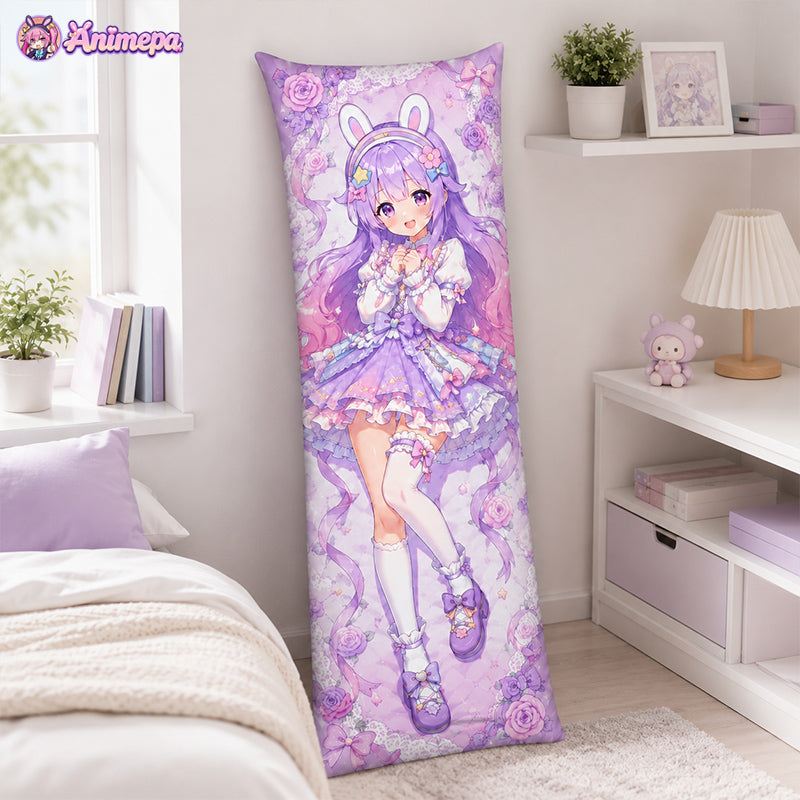 A purple magical girl anime body pillow displayed on a neat bed with a minimalist room background.