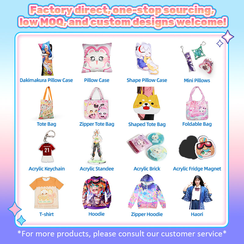 Custom anime merch product catalog with acrylic charms, bags, shirts and gifts
