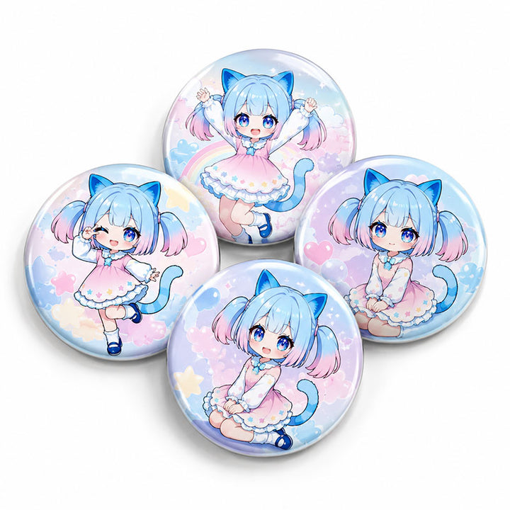 A group arrangement of five custom printed round anime pinback button badges featuring a cute blue-haired cat girl design on a white background.