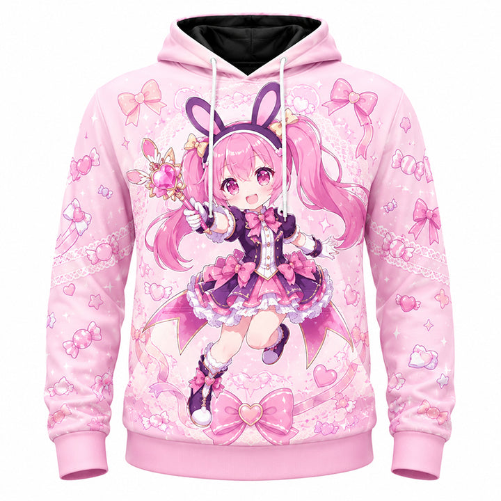 A premium pink custom printed pullover hoodie with a drawstring, featuring a high-definition print of a cute bunny-eared anime character on a white background.