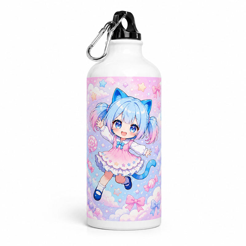 A custom printed anime sport aluminum bottle with a black lid and metal carabiner charm featuring a cute blue-haired cat girl on a white background.