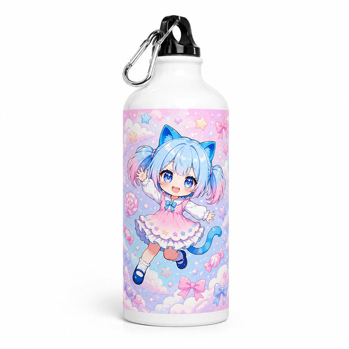 A custom printed anime sport aluminum bottle with a black lid and metal carabiner charm featuring a cute blue-haired cat girl on a white background.
