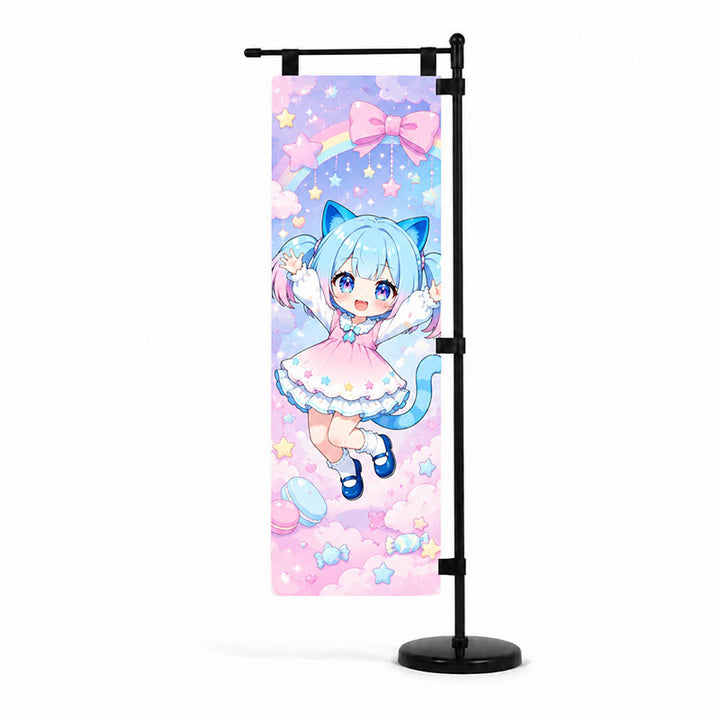 A standalone tabletop mini nobori flag on a premium black metal stand showcasing a high-definition printed anime girl design under a pink rainbow.