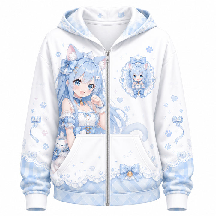A premium custom printed all-over graphics zip-up hoodie in light blue and white featuring a cute anime cat girl character on a white background.