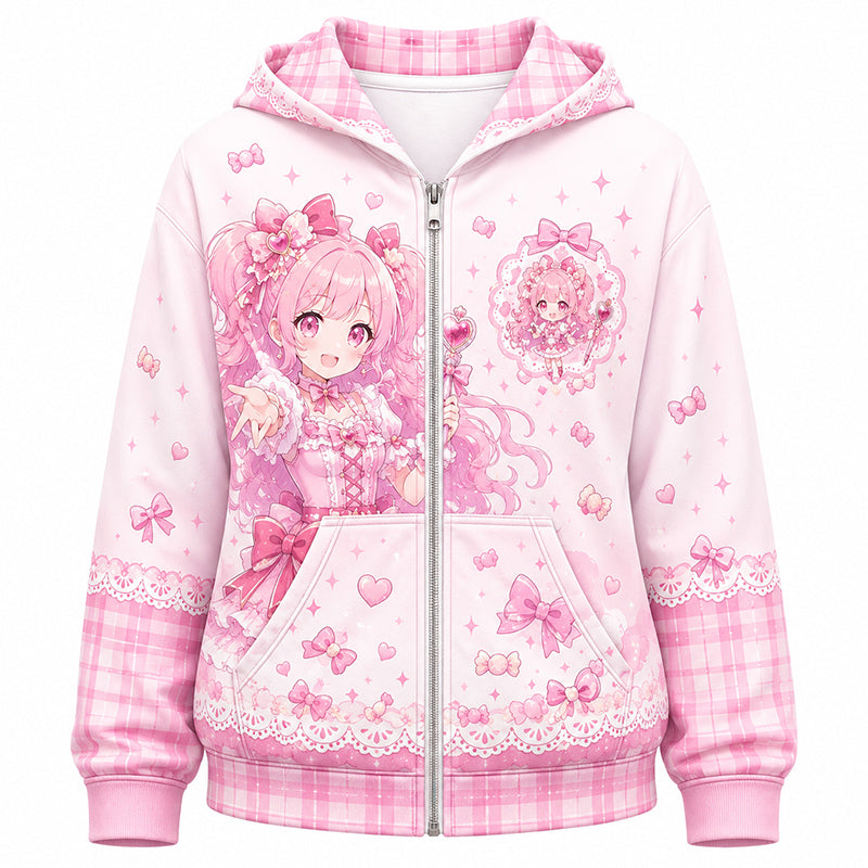 A vibrant pastel pink custom printed zip-up hoodie featuring a cute rabbit-eared anime girl and checkered plaid elements on a pure white background.