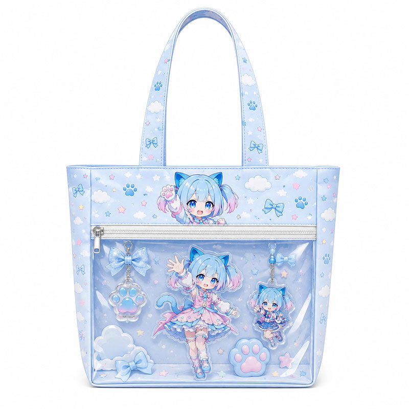 A pastel blue anime character ita bag featuring a transparent PVC window for pin and charm displays.