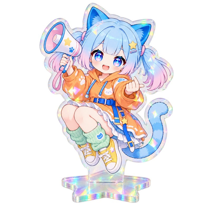 Custom cat character acrylic standee with holographic finish and shaped base