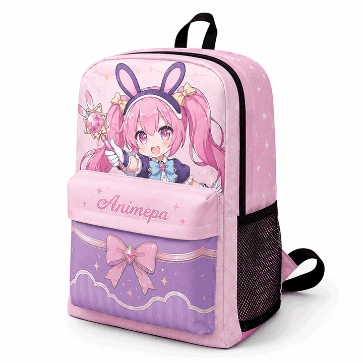 Custom character backpack with pink canvas design for anime merch collections