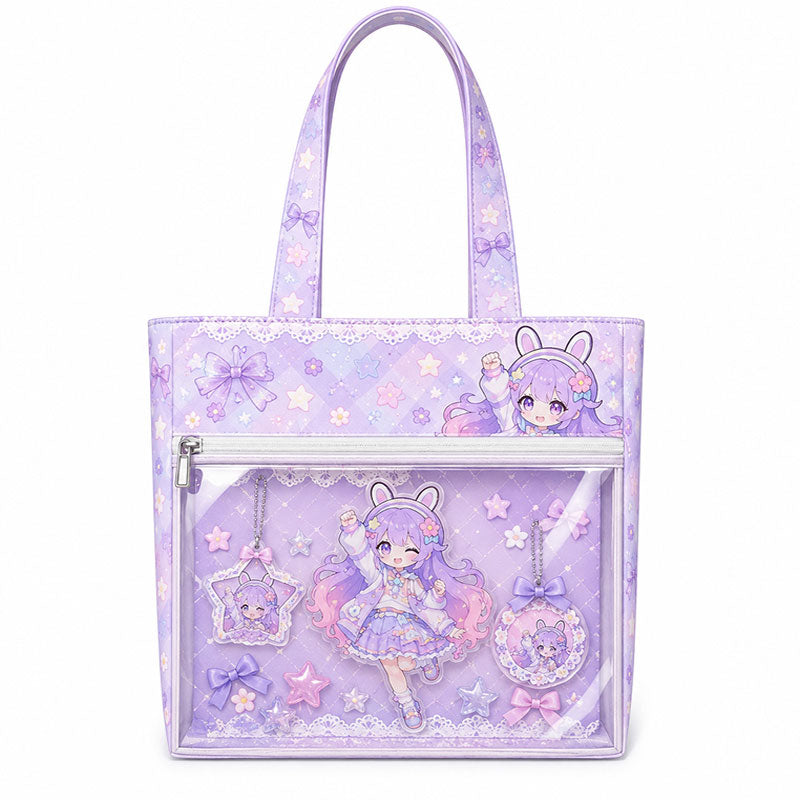 A lavender purple composite fabric ita bag with a clear front window filled with cute anime badges and decorations on a white background.