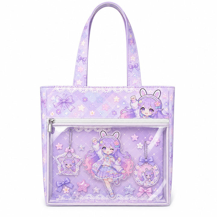 A lavender purple composite fabric ita bag with a clear front window filled with cute anime badges and decorations on a white background.