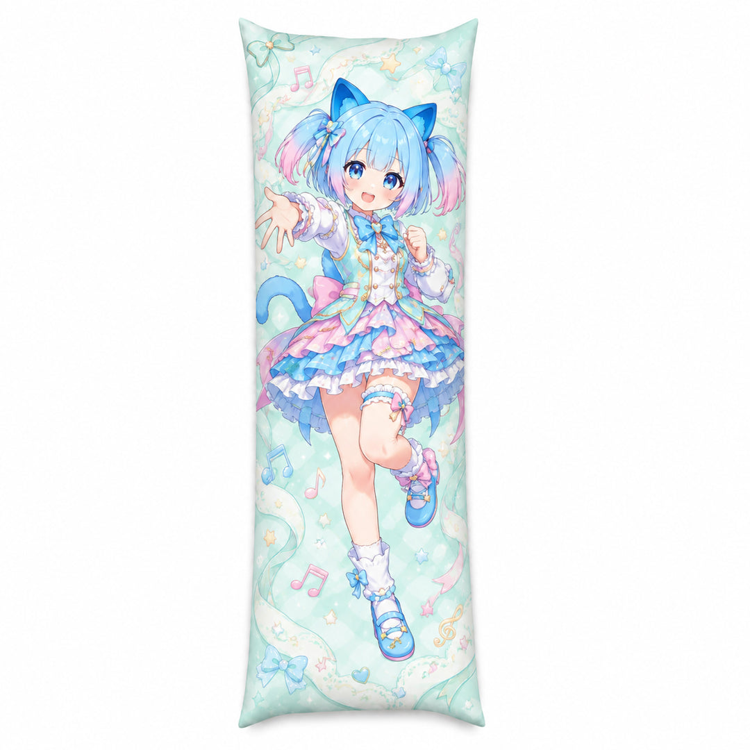 A standalone product display of a custom printed anime dakimakura long cushion with a blue-haired girl on a soft mint green and white background.