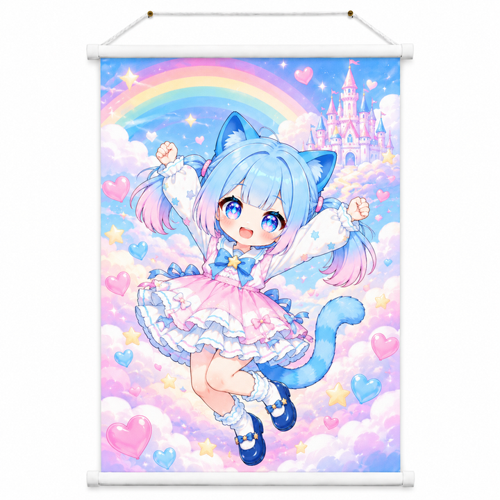 Custom fabric wall scroll with vertical blue cat character artwork