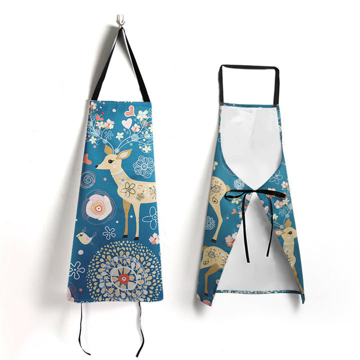 Custom blue floral apron shown from front and back