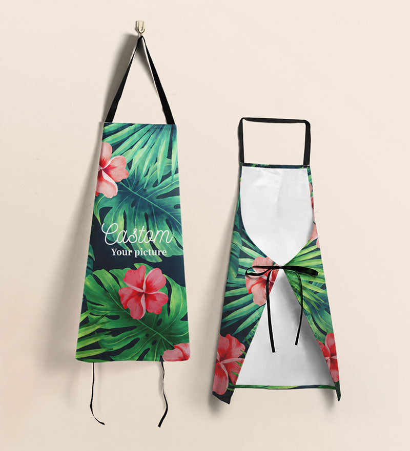 Custom tropical floral apron shown from front and back