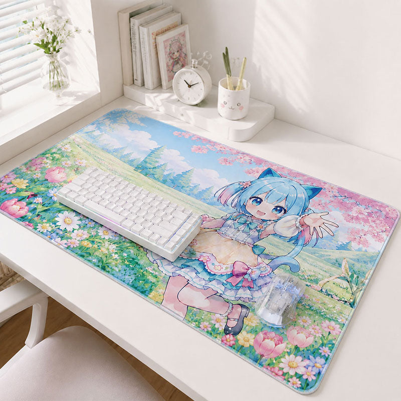 A premium 40x60cm custom heat transfer printing desk mat with stitched edges showcasing a detailed chibi cat girl illustration on a white desk setup.