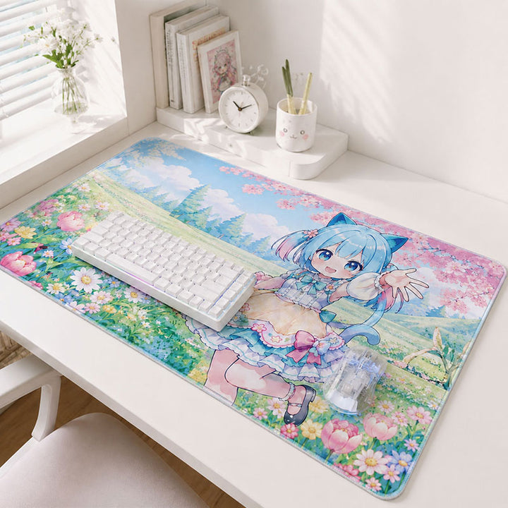 A premium 40x60cm custom heat transfer printing desk mat with stitched edges showcasing a detailed chibi cat girl illustration on a white desk setup.